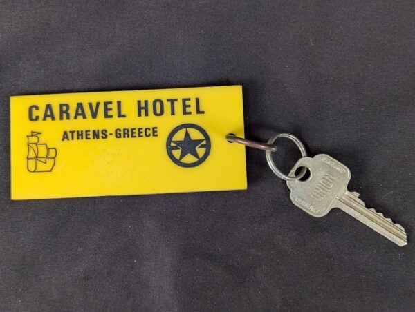 Vintage Caravel Hotel Athens Greece Room Key and Keychain Tag Metal and Plastic