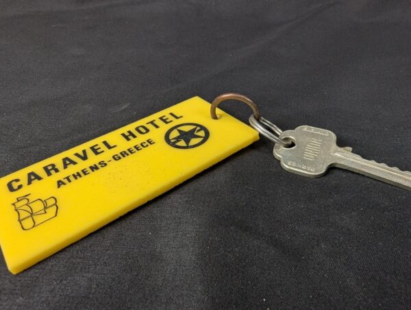 Vintage Caravel Hotel Athens Greece Room Key and Keychain Tag Metal and Plastic
