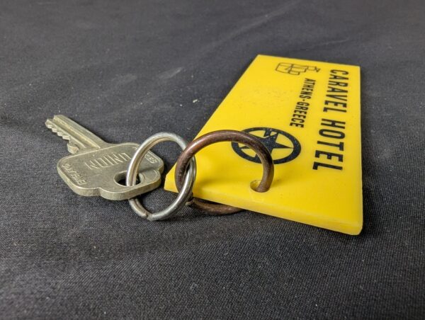 Vintage Caravel Hotel Athens Greece Room Key and Keychain Tag Metal and Plastic
