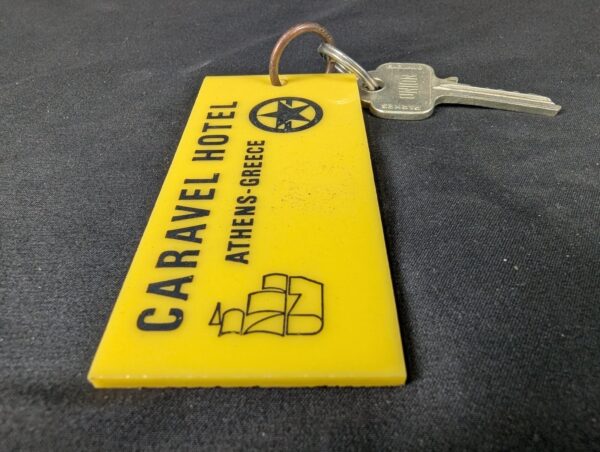 Vintage Caravel Hotel Athens Greece Room Key and Keychain Tag Metal and Plastic