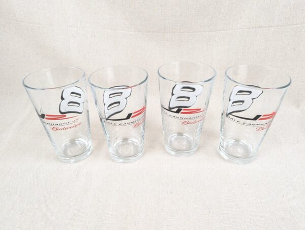 10-1036.jpg Budweiser Dale Earnhardt Jr #8 NASCAR Pint Glasses Set of 4 Red White 2000s Bar