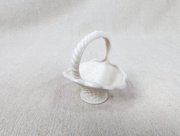 Vintage Miniature Porcelain Basket White Basket-Weave Rope-Twist Handle Decor