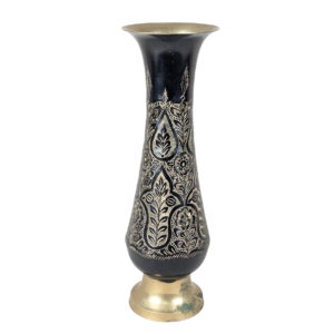 Large Flower Vase Indian Black Brass Bud Trumpet Neck Enamel Floral Inlay 16"