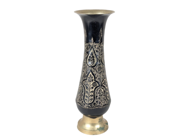Large Flower Vase Indian Black Brass Bud Trumpet Neck Enamel Floral Inlay 16"