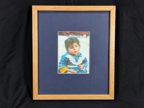 10-1188.jpg Framed Color Photograph Peruvian Girl Blue Plaid Dress 14x17 Oak Style Frame
