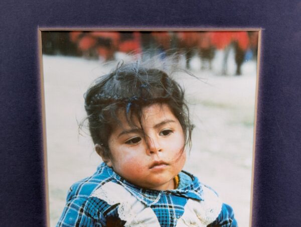 10-1192.jpg Framed Color Photograph Peruvian Girl Blue Plaid Dress 14x17 Oak Style Frame