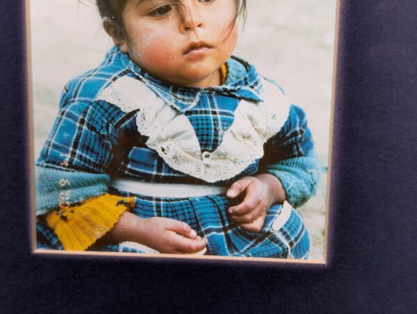 10-1193.jpg Framed Color Photograph Peruvian Girl Blue Plaid Dress 14x17 Oak Style Frame