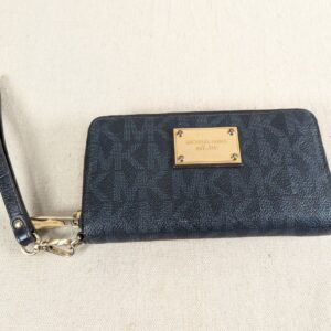 Michael Kors Signature Logo Zip-Around Wristlet Black Monogram Gold-Tone Hard...