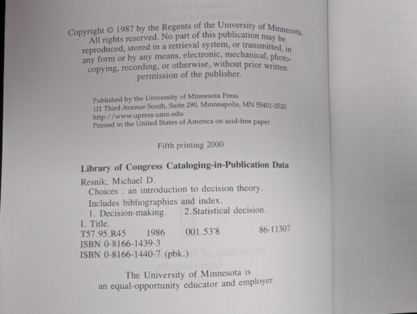 Choices: An Introduction to Decision Theory by Michael D. Resnik Paperback