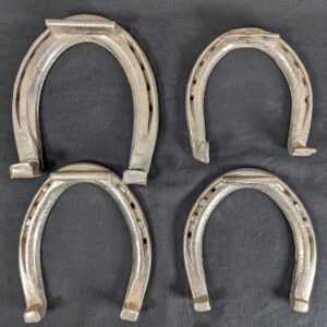 Set of Four Metal Horseshoes with Calks Equestrian Hardware Silver Tone Decor...