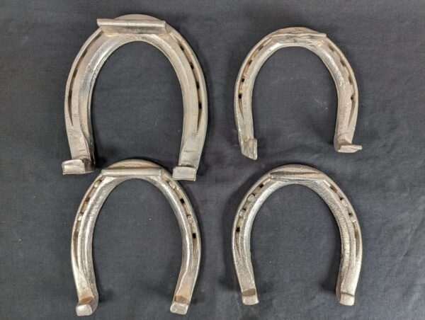 Set of Four Metal Horseshoes with Calks Equestrian Hardware Silver Tone Decor...