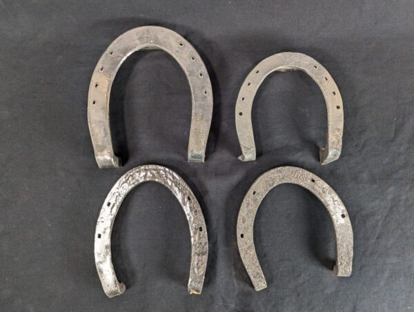 Set of Four Metal Horseshoes with Calks Equestrian Hardware Silver Tone Decor...