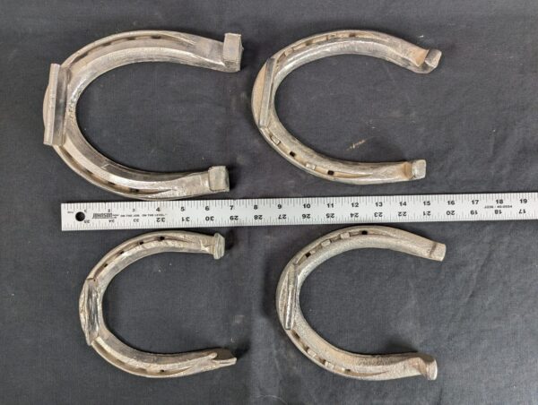 Set of Four Metal Horseshoes with Calks Equestrian Hardware Silver Tone Decor...