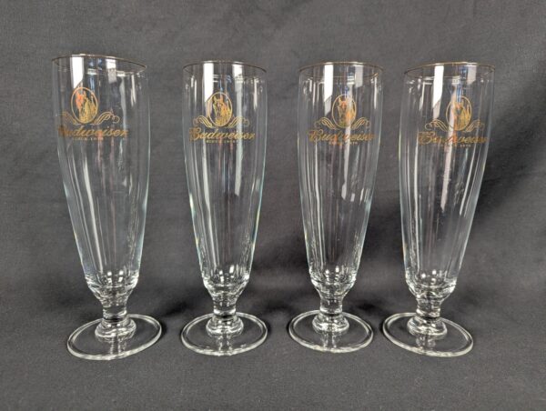 Set of 4 Budweiser Beer Pilsner Glasses 12 oz. Gold Trim Logo Clydesdale Head