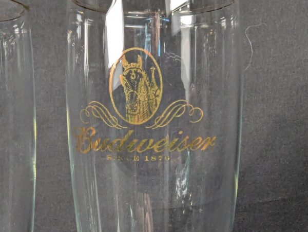 Set of 4 Budweiser Beer Pilsner Glasses 12 oz. Gold Trim Logo Clydesdale Head
