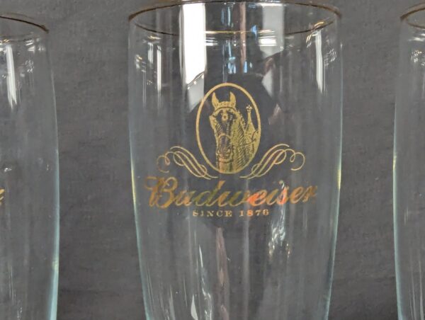 Set of 4 Budweiser Beer Pilsner Glasses 12 oz. Gold Trim Logo Clydesdale Head