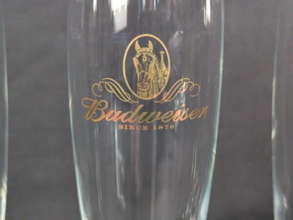 Set of 4 Budweiser Beer Pilsner Glasses 12 oz. Gold Trim Logo Clydesdale Head