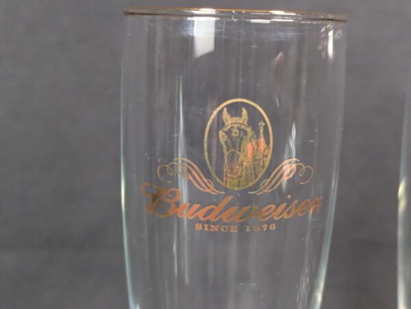 Set of 4 Budweiser Beer Pilsner Glasses 12 oz. Gold Trim Logo Clydesdale Head