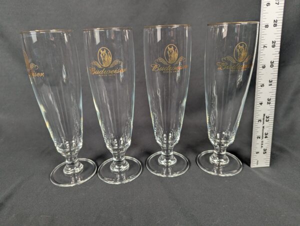 Set of 4 Budweiser Beer Pilsner Glasses 12 oz. Gold Trim Logo Clydesdale Head