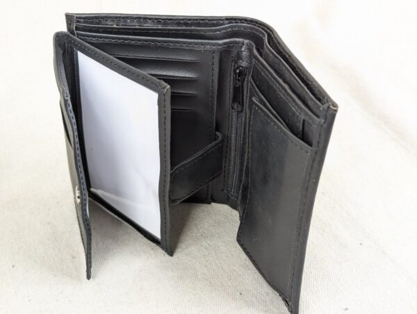 Modern Black Trifold Wallet RFID Blocking Bonded Leather PVC Interior Multi Slot