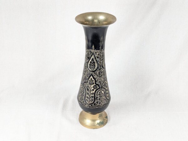 Large Flower Vase Indian Black Brass Bud Trumpet Neck Enamel Floral Inlay 16"