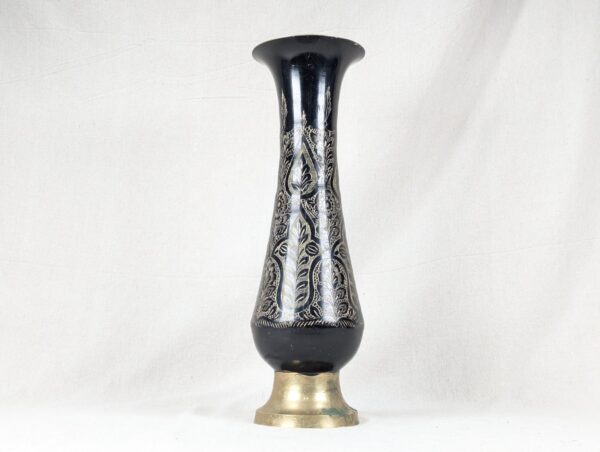 Large Flower Vase Indian Black Brass Bud Trumpet Neck Enamel Floral Inlay 16"
