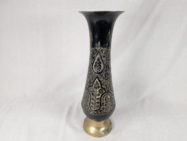 Large Flower Vase Indian Black Brass Bud Trumpet Neck Enamel Floral Inlay 16"
