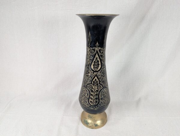 Large Flower Vase Indian Black Brass Bud Trumpet Neck Enamel Floral Inlay 16"