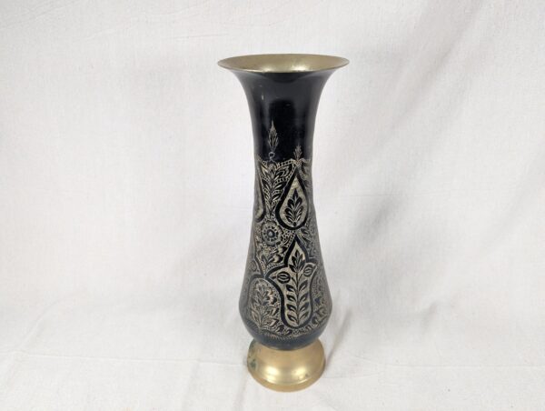 Large Flower Vase Indian Black Brass Bud Trumpet Neck Enamel Floral Inlay 16"
