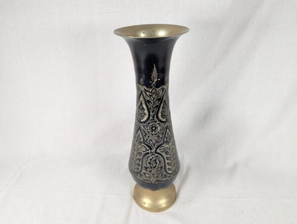 Large Flower Vase Indian Black Brass Bud Trumpet Neck Enamel Floral Inlay 16"