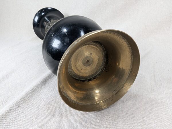 Large Flower Vase Indian Black Brass Bud Trumpet Neck Enamel Floral Inlay 16"