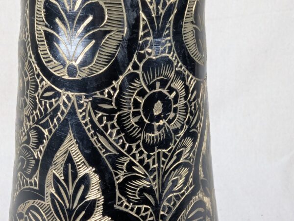 Large Flower Vase Indian Black Brass Bud Trumpet Neck Enamel Floral Inlay 16"