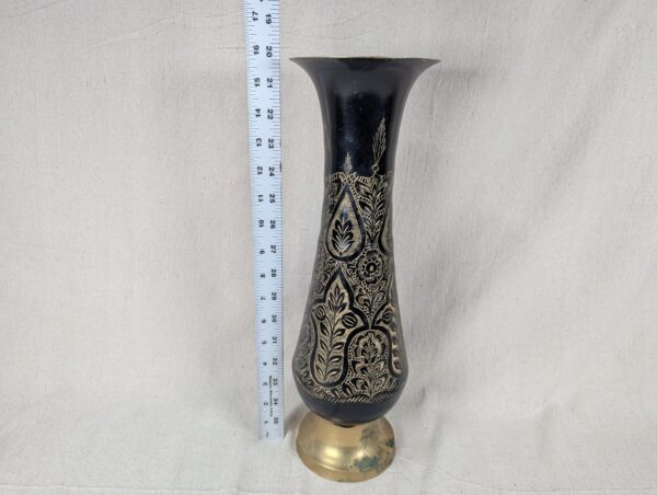 Large Flower Vase Indian Black Brass Bud Trumpet Neck Enamel Floral Inlay 16"