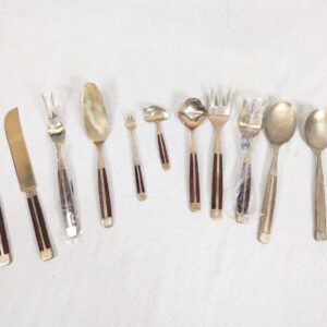 10-2249.jpg Vintage Siam Flatware Serving Set Asian Thai Nickel Bronze Brass Wood Handle 60s