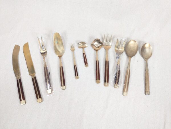 Vintage Siam Flatware Serving Set Asian Thai Nickel Bronze Brass Wood Handle 60s
