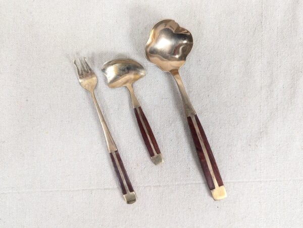 Vintage Siam Flatware Serving Set Asian Thai Nickel Bronze Brass Wood Handle 60s