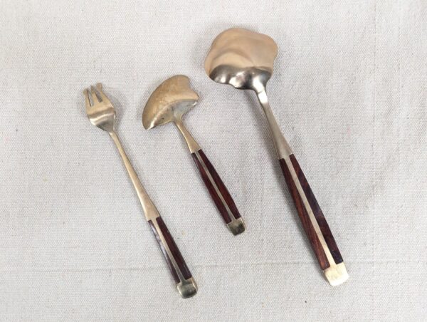 Vintage Siam Flatware Serving Set Asian Thai Nickel Bronze Brass Wood Handle 60s