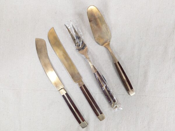 Vintage Siam Flatware Serving Set Asian Thai Nickel Bronze Brass Wood Handle 60s