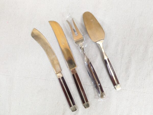 Vintage Siam Flatware Serving Set Asian Thai Nickel Bronze Brass Wood Handle 60s
