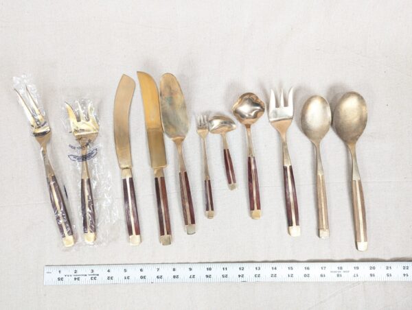 Vintage Siam Flatware Serving Set Asian Thai Nickel Bronze Brass Wood Handle 60s
