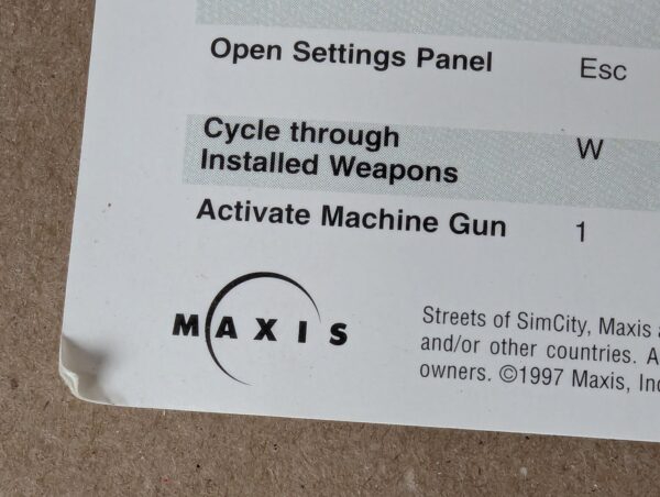 Streets of SimCity 1997 PC Game Keyboard Command Reference Card Maxis Original