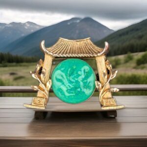 Marvella Japanese Pagoda Jade Gold Tone Brooch Costume Jewelry Unsigned Faux