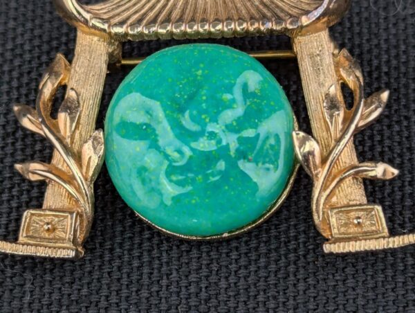 Marvella Japanese Pagoda Jade Gold Tone Brooch Costume Jewelry Unsigned Faux