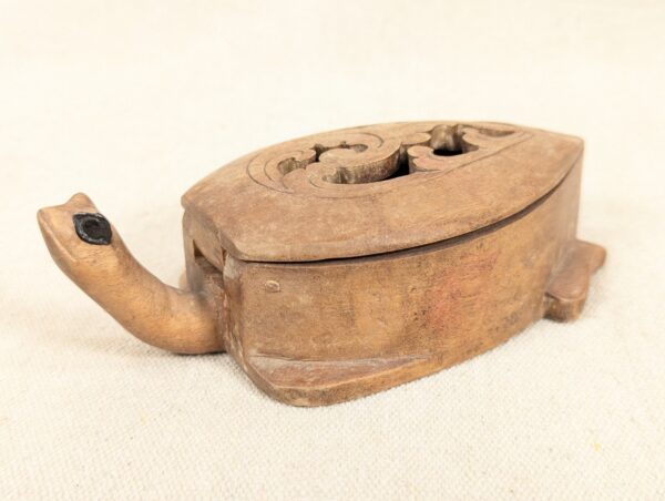Hand-Carved Wooden Turtle Box Hinged Pierced Lid Trinket Holder Mid-Century S...