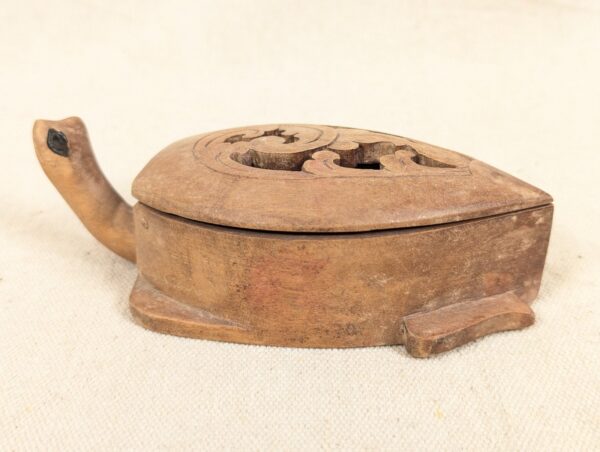 Hand-Carved Wooden Turtle Box Hinged Pierced Lid Trinket Holder Mid-Century S...
