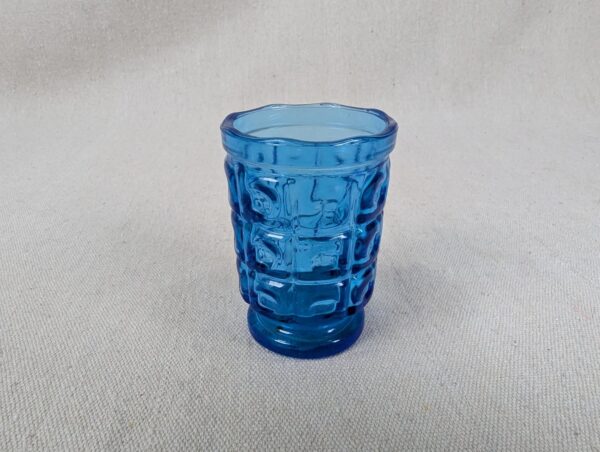 Vintage Cobalt Blue Pressed Glass Juice Tumbler Geometric Block Pattern Pedestal