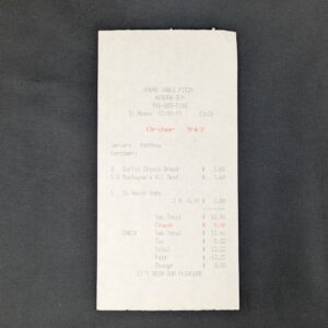 Round Table Pizza Receipt Auburn CA Feb 9 1993 Garlic Bread & Meat Pizza Vintage