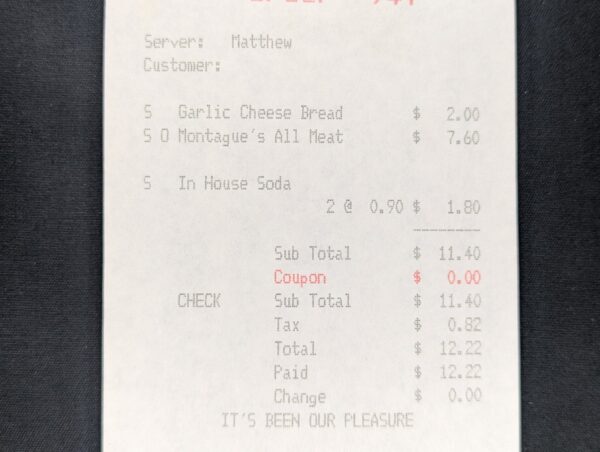 Round Table Pizza Receipt Auburn CA Feb 9 1993 Garlic Bread & Meat Pizza Vintage