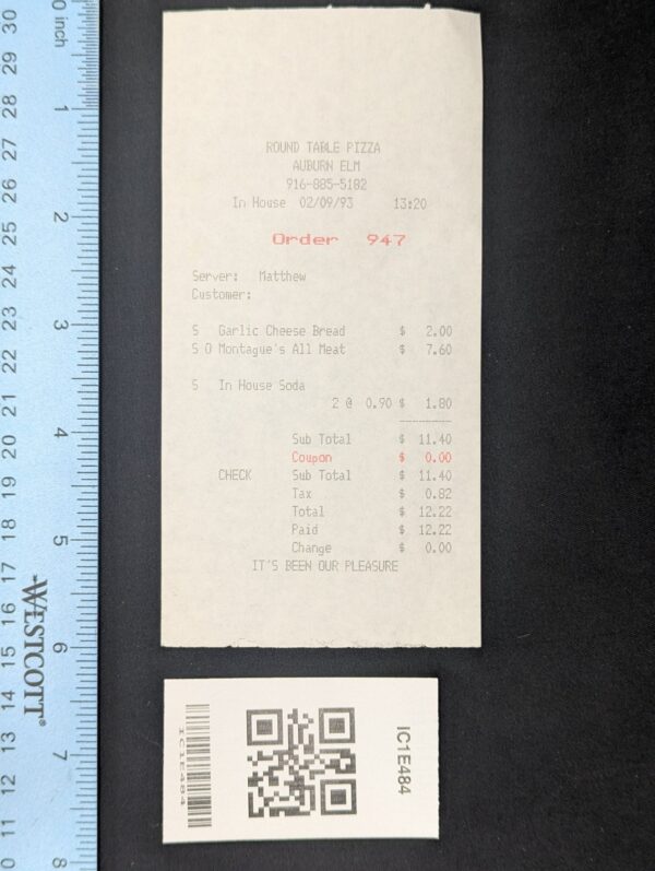 Round Table Pizza Receipt Auburn CA Feb 9 1993 Garlic Bread & Meat Pizza Vintage