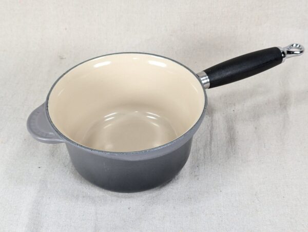 10-3114.jpg Vintage Le Creuset Enameled Cast Iron Saucepan 18cm Gray Cream Handle France ...